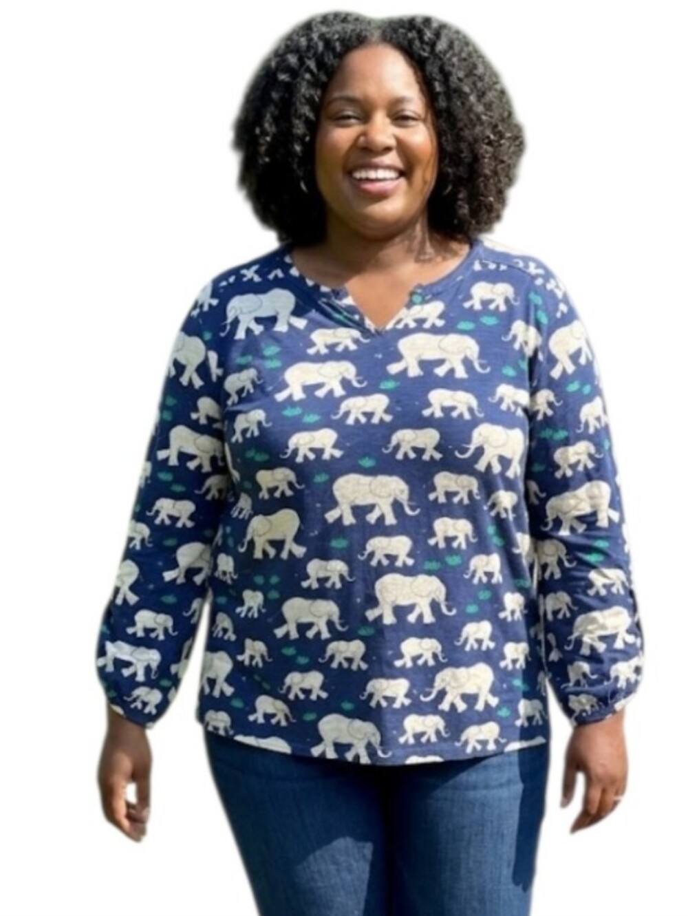 Chico's Navy Long-Sleeve 100% Cotton Top with Elephant Print Size XL